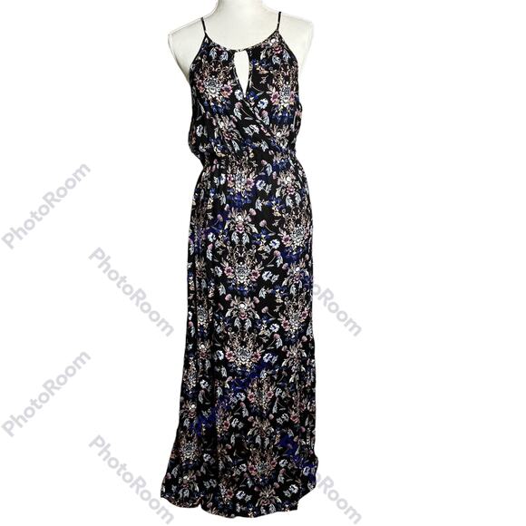 Pink Rose Maxi Dress Women’s SZ L Spaghetti Strap Keyhole Wrap Top Floral Print - Picture 1 of 6